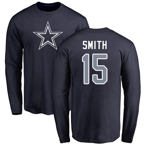 Men Dallas Cowboys Navy Blue Devin Smith Name and Number Logo #15 Long Sleeve Nike NFL T Shirt